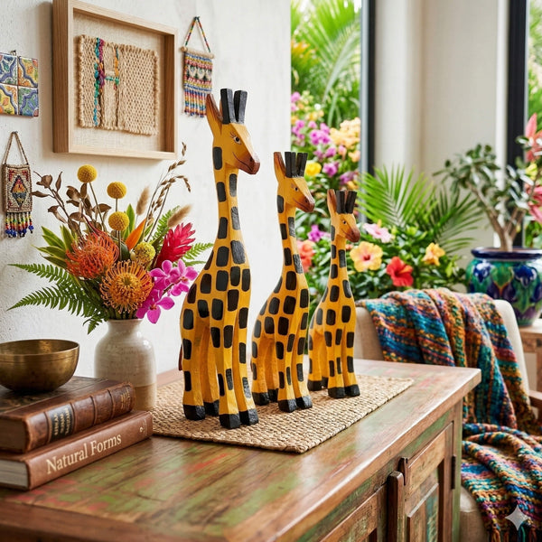 “Trio de girafas decorativas feitas de madeira em uma sala rústica”