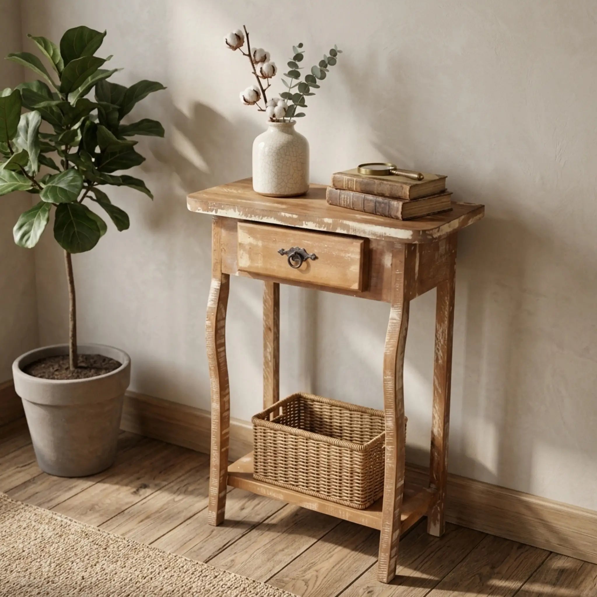 "Aparador de madeira com acabamento em cera e patina"