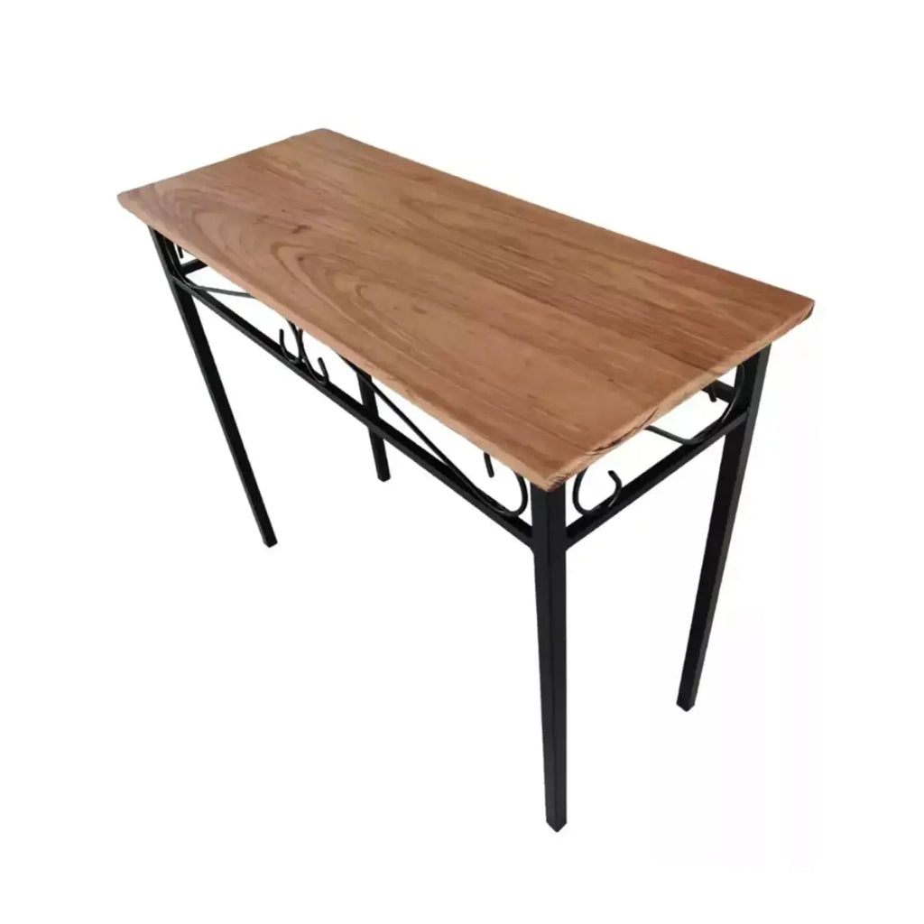 "O aparador rústico visto de cima com tampo de madeira tratada"