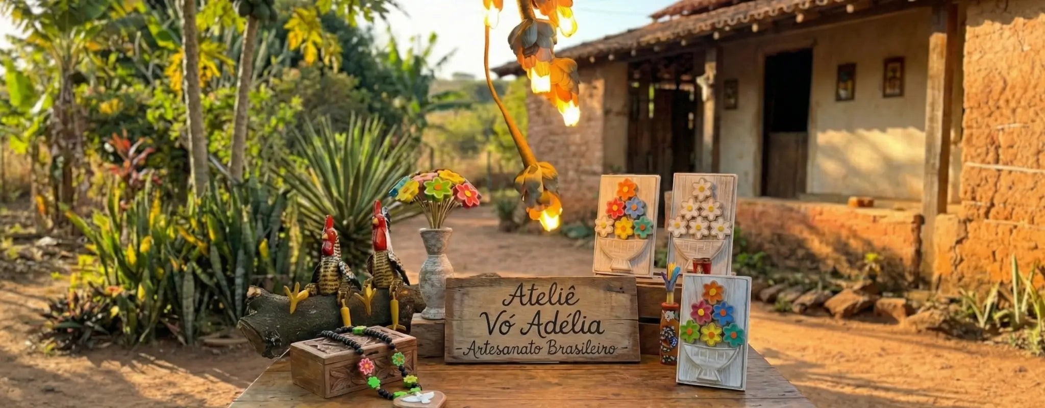"Banner Home mostrando produtos de artesanato brasileiro em cima da mesa"