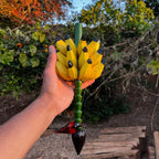 "Cacho de bananas de madeira sendo segurado nas maõs"