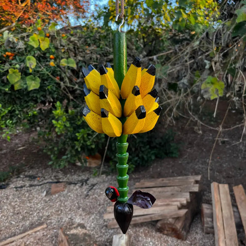 "Cacho de bananas pequeno de madeira pendurado em um quintal ao entardecer"