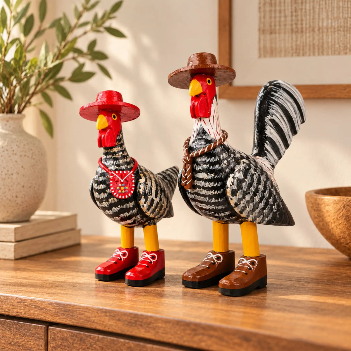 Casal Galo e Galinha de Madeira Decorativo - Ateliê Vó Adélia