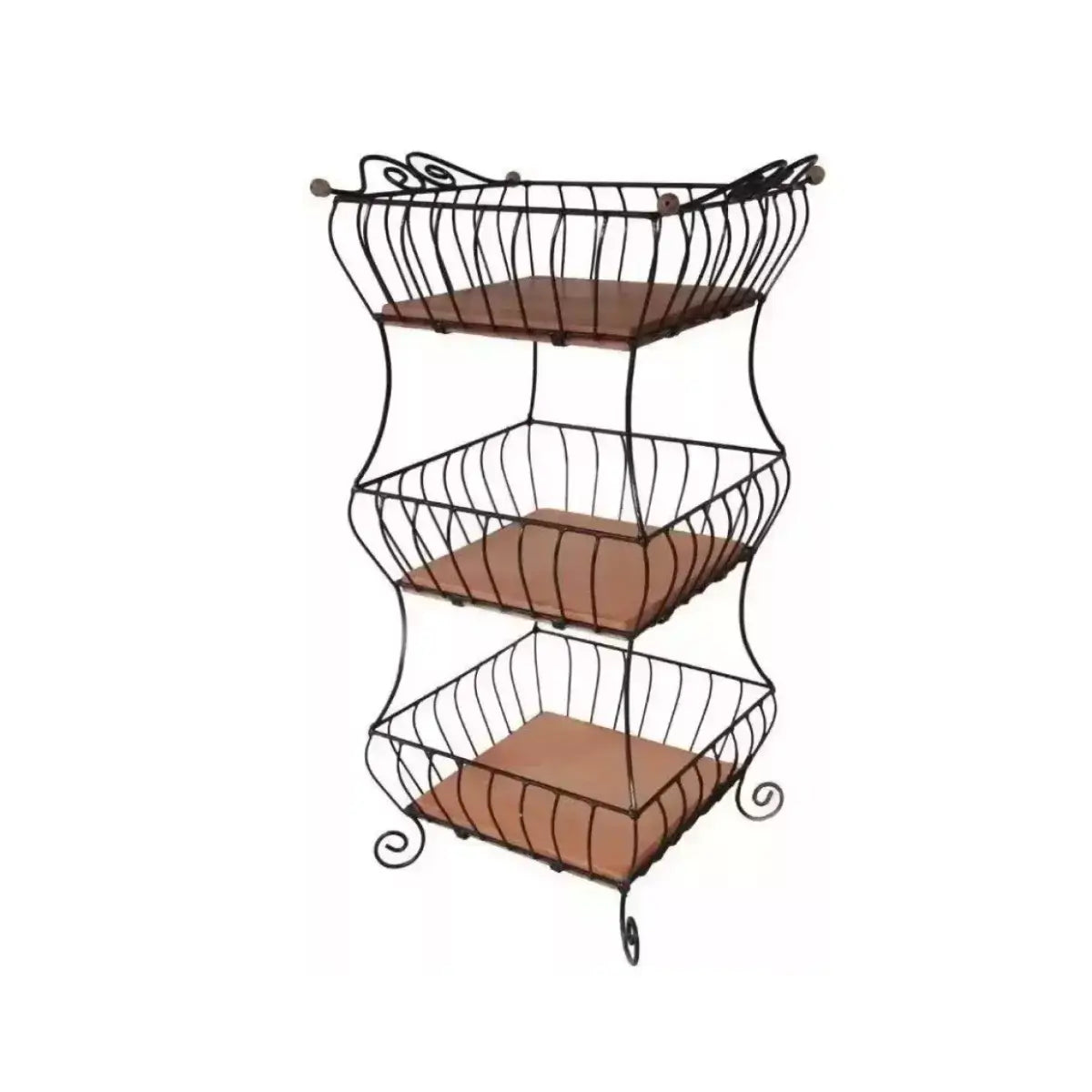 "Uma fruteira de chão com 3 andares feita de ferro e madeira rústica"