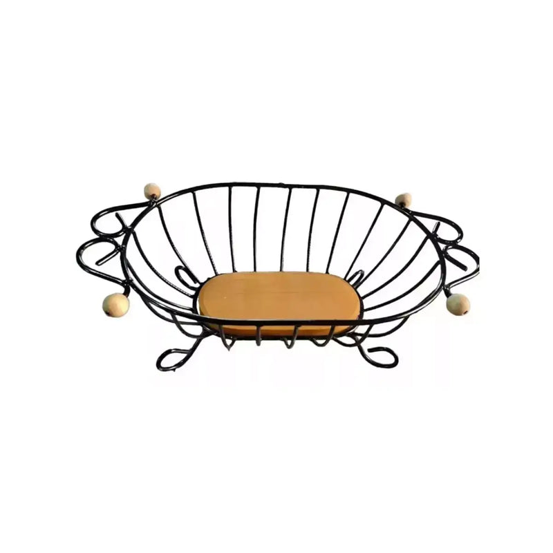 "Uma fruteira de mesa oval rústica feita de ferro e madeira"