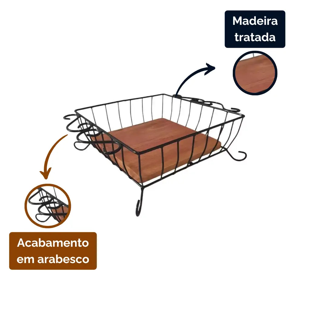 "Detalhes da fruteira de mesa quadrada rústica"