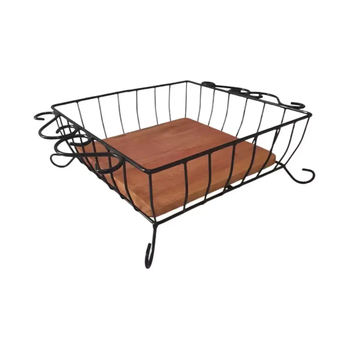 "Uma fruteira de mesa quadrada feita de ferro e madeira"