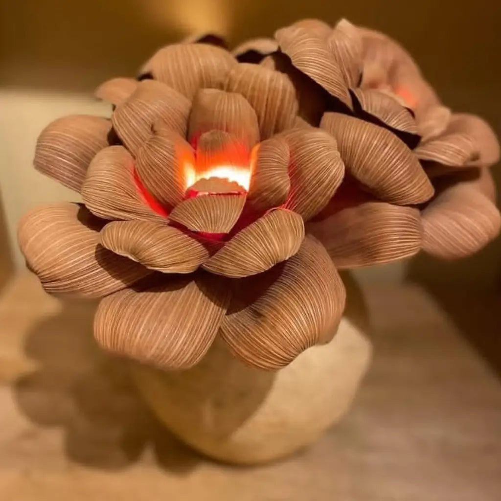 "Uma luminária feita de palha com formato de flor em um vaso de barro"