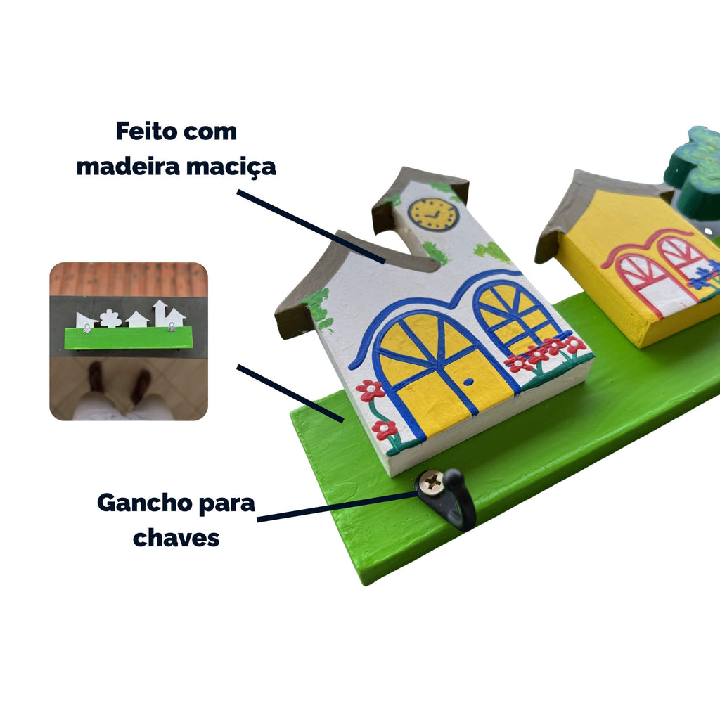 Porta Chaves de Parede com 3 Ganchos - Casas - Ateliê Vó Adélia