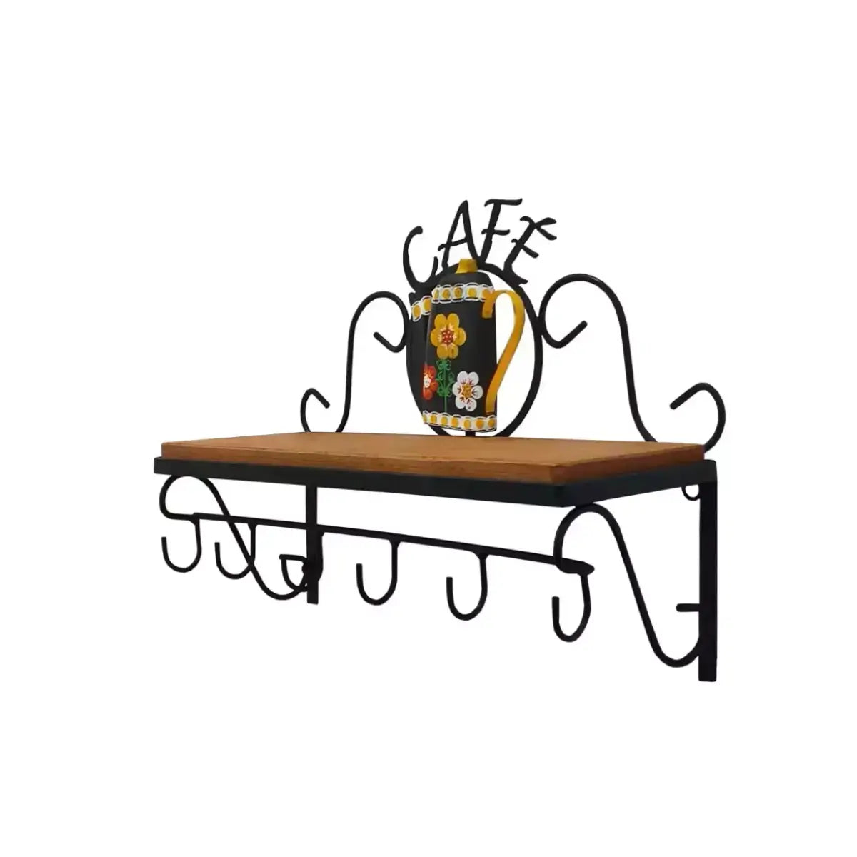 "Uma prateleira de parede rústica com ganchos"