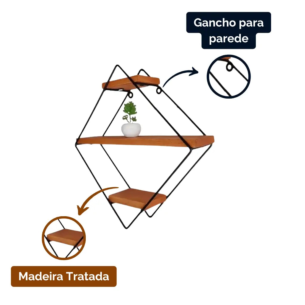 "Detalhes da prateleira de parede losango 3 andares"